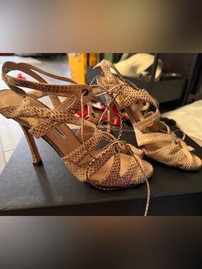 Manolo Blahnik Snake Skin Leather Gladiator Heel Sandals 39 US8.5 Y2K Authentic